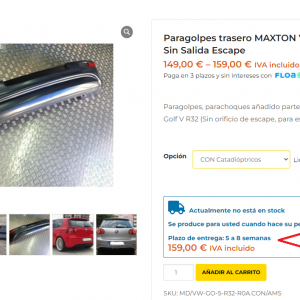 Paragolpes trasero MAXTON VW Golf 5 R32  Sin Salida Escape